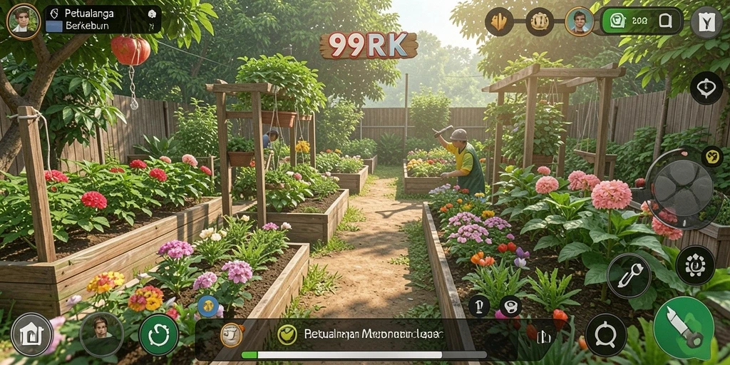 Screenshot gameplay 99RK menampilkan petualangan berkebun yang seru dan interaksi sosial.