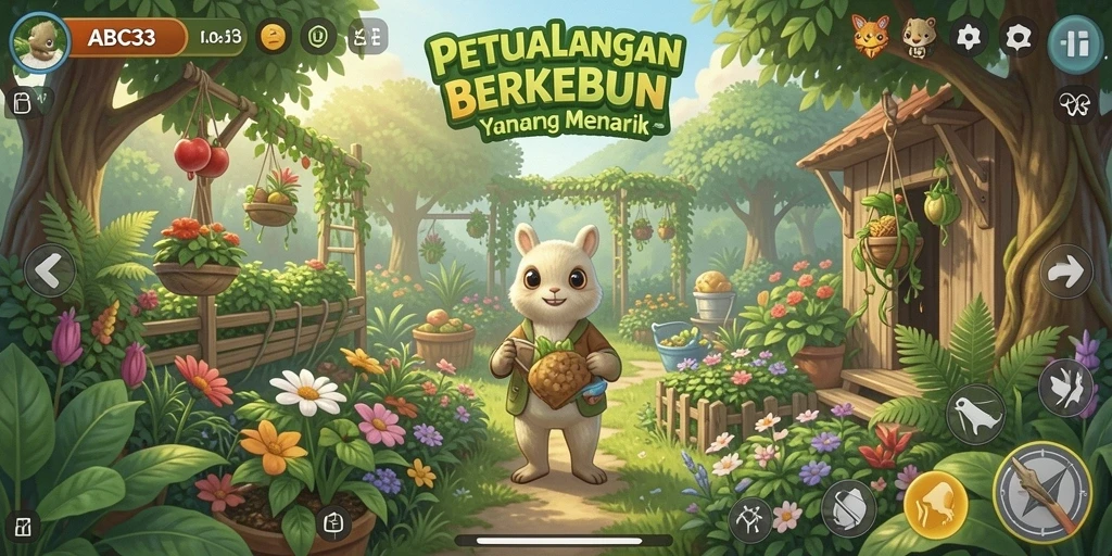 Tangkapan layar gameplay <strong>ABC33</strong> menampilkan kebun yang subur dan interaksi dengan hewan.