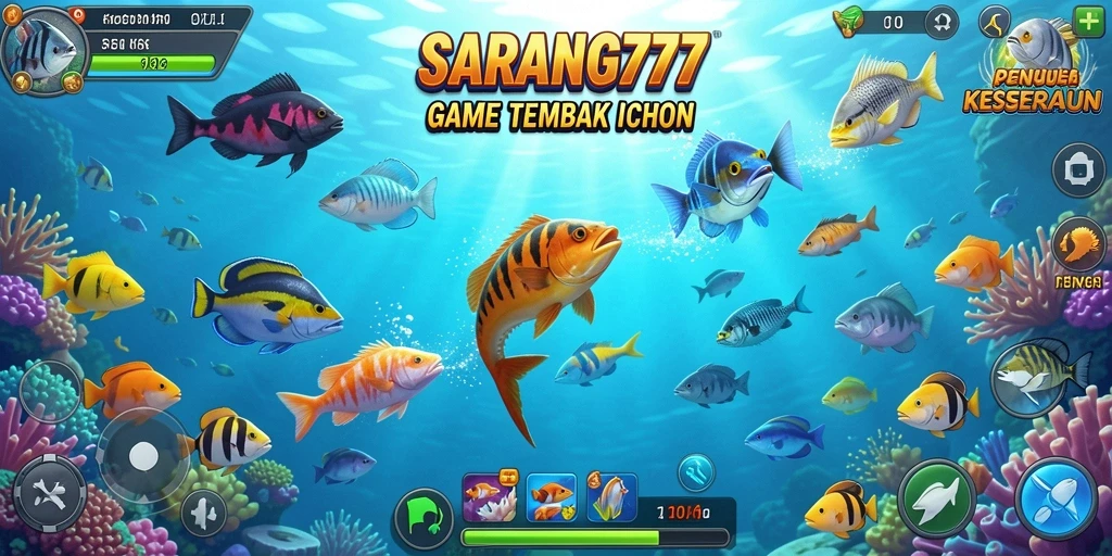 Screenshot utama SARANG777 menampilkan aksi seru menembak ikan.