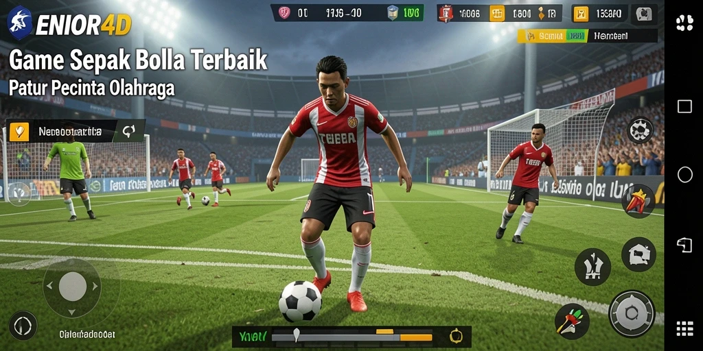 Screenshot gameplay SENIOR4D menunjukkan aksi seru di lapangan sepak bola.
