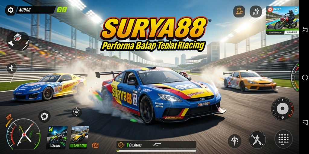 Tampilan gameplay menegangkan dari SURYA88 saat balapan di trek yang beragam.