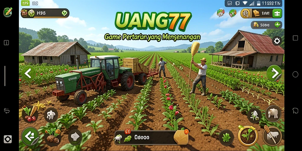 Screenshot gameplay UANG77 dengan lingkungan pertanian yang hijau dan produktif.