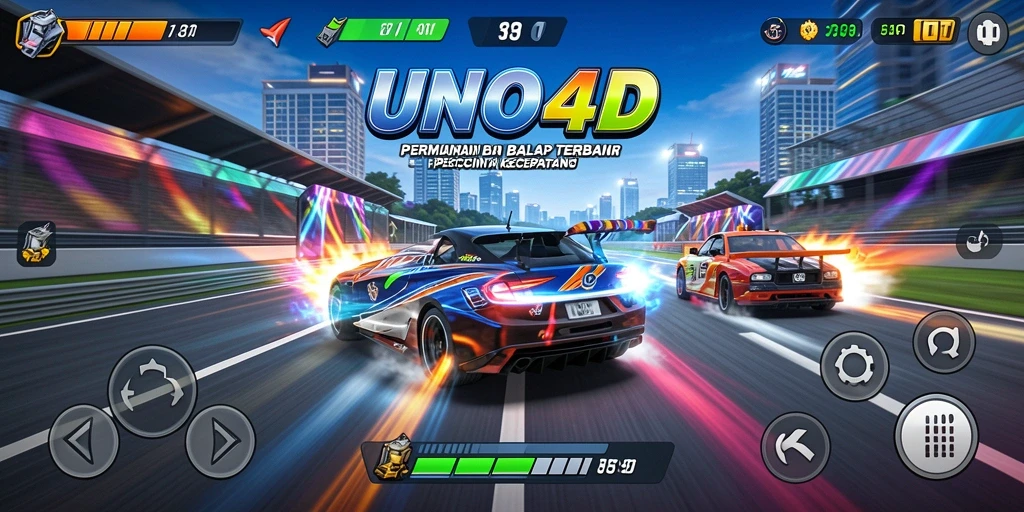 Tampilan utama gameplay UNO4D menampilkan balapan yang mendebarkan dengan mobil cepat.